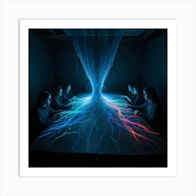 Six Women Sit At A Long Table With Their Hands Placed On The Surface, Connected By A Network Of Glowing Blue And Pink Lines That Converge Into A Central Point Above Art Print