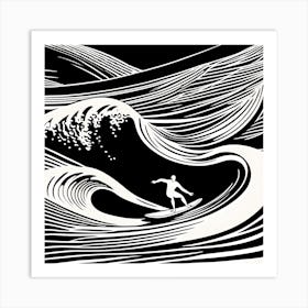 Linocut Black And White Surfer On A Wave art, surfing art, 243 Art Print