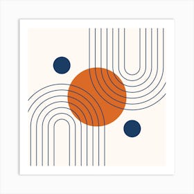 Mid Century Modern Geometric in classy navy blue burnt orange (Rainbow and Sun Abstract Design) 1 Art Print