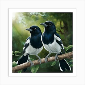 Curious Companions: Magpies in a Sunlit Forest - A Vivid Digital Illustration 3 Art Print