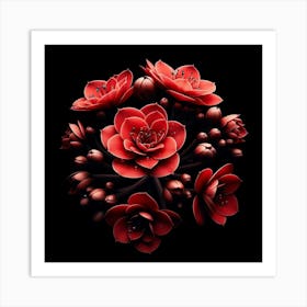 Red Flowers On Black Background Art Print