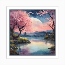 Japanese Sakura tree In River Art Print