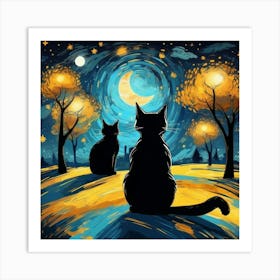 van gogh Cats In The Moonlight 1 Art Print