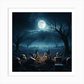 Gothic Style Illustration Skeletal Hands Breaking Through The Soil Full Moon Casting An Eerie Glow 2 Art Print