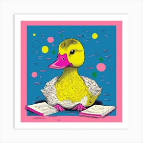 Duckling Reading A Book Linocut Style 2 Art Print