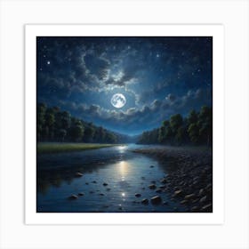 Full Moon Over River Art Print