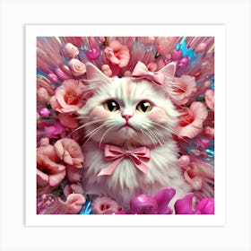 Pink Cat With Flower Background Art Print