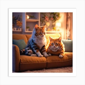 Two Cats Sitting On A Couch Art Print