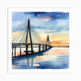 Accurate drawing and description. Sunset over the Arthur Ravenel Jr. Bridge in Charleston. Blue water and sunset reflections on the water. Watercolor.5 Art Print