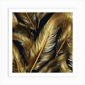 Gold Feathers On Black Background Art Print