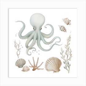 Blue Storybook Style Octopus Surrounded By Shells 1 Art Print