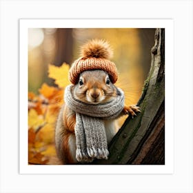 Closeup Of A Squirrel Adorned With A Knitted Hat And Scarf Perched On A Branch Within An Autumnal W Art Print