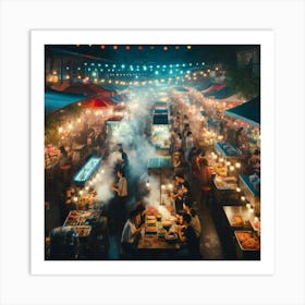 Street Food Night Market Wall Print Art A Lively Depiction Of A Night Market, Perfect For Bringing The Excitement And Diversity Of Street Food Into Any Restaurant Space Art Print