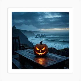 Jack O Lantern With A Glaring Eye Atop A Wooden Table On A Skittish Misty Coastline During Dusk S (5) Art Print