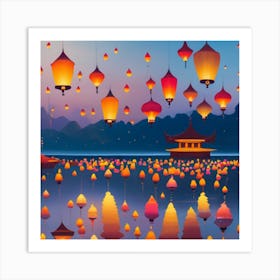 a bunch of lanterns flying over a body of water. The lanterns are all different colors and sizes, and they are all lit up from within. The water is calm and still, and it reflects the light of the lanterns. The image is very beautiful and serene. It evokes a sense of peace and tranquility. The lanterns flying over the water also suggest a sense of freedom and possibility. Here are some additional observations I can make about the image: The lanterns are all different colors and sizes, which suggests diversity and inclusivity.
The lanterns are all lit up from within, which suggests hope and optimism.
The water is calm and still, which suggests peace and tranquility.
The reflection of the lanterns in the water creates a sense of depth and mystery.
The image has a very positive and uplifting mood. It is a reminder that even in the darkest of times, there is always hope and possibility. Overall, I think the image is a very beautiful and inspiring work of art. It is an image that I would be happy to hang in my home. Here are some possible interpretations of the image: The lanterns flying over the water could represent wishes or dreams coming true.
The lanterns could also represent the release of negative emotions or experiences.
The image could also be a metaphor for the journey of life. The lanterns represent the individual, and the water represents the world. The journey is both beautiful and challenging, but it is ultimately up to the individual to light their own path. 1 Art Print