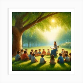 Storytime Under The Tree Wall Print Art A Charming Scene Of A Teacher Reading To Children Outdoors, Perfect For Fostering A Love Of Learning And Nature In Any School Space Art Print