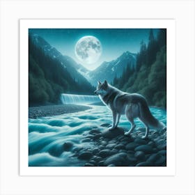 Wolf on the Moonlit River Art Print