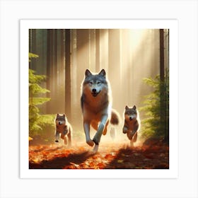 Wolf Family Running In The Forest Art Print