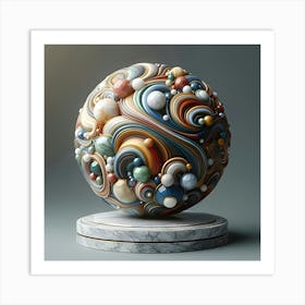 An Image Of A Colorful Marble On A Pedestal With A Grey Background 3 Art Print