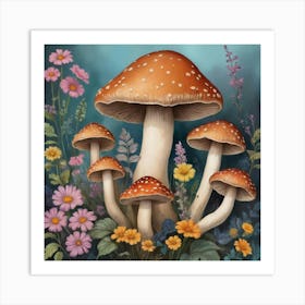 Mushrooms And Flowers Art Print 3 Art Print