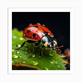 Ladybug On A Leaf With Water Drops Art Print