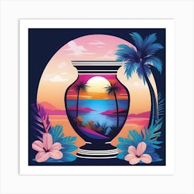 Flower Vase Decorated with Tropical Landscape and Palm Trees, Blue and Fuchsia Art Print