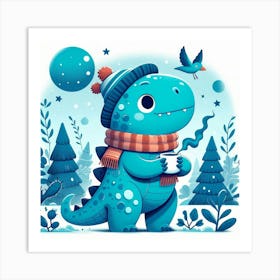 Dinosaur Blue Dinosaur With Hat And Scarf Canvas Print Art Print