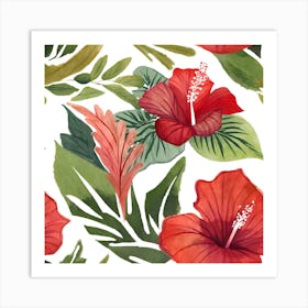 Botanical Wall Art Flowers Red Hibiscus Leaves #2 Art Print