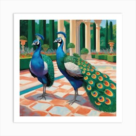 Peacocks in a Renaissance Garden Series. In Style of David Hockney 4 Art Print