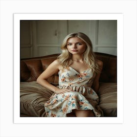 A Beautiful Blonde Girl Model On A Sofa Art Print