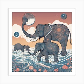 Elephants In The Water Art Print