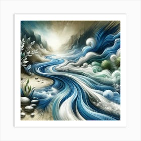 Title: "Rhythmic Tides"  Description: "Rhythmic Tides" is an artistic masterpiece that captures the fluid motion of a river's journey toward the horizon. The swirling blues and whites create a mesmerizing pattern that mimics the natural rhythm of water. This piece embodies tranquility and the continuous flow of life, ideal for those seeking a serene yet dynamic element in their living space, invoking the soothing presence of water in motion. Art Print