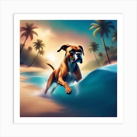 A dog boxer swimming in beach and palm trees Art Print