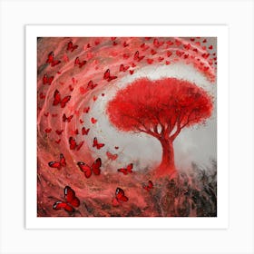 Red Tree And Heart Shaped Butterflies (3) Art Print