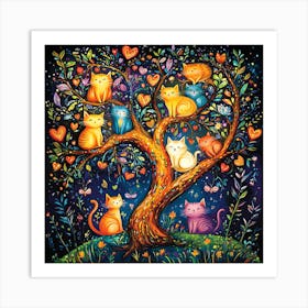 Folk Art Heart Tree Cat Climbing Artwork 7 Art Print