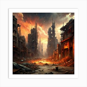 Post Apocalyptic Cityscape With Burning Street Art Print