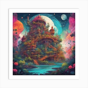 A Psychedelic Representation Bulding, With Vibrant Colors And Intricate Patterns Art Print