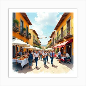 Watercolor Art Of A Lively Spanish Street Festival With Food And Music Art Print