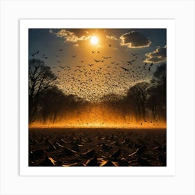 Golden Horizon and the Shadows of Birds: A Beautiful Display of Flight at Sunset Art Print