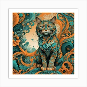 Cat In Blue And Orange Art Print