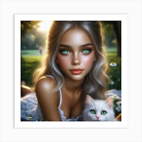 Portrait Of A Girl With A Cat Art Print