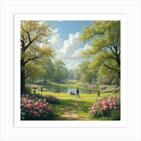 An English Park In Spring With Blooming Flowers And Families Enjoying The Day 1 Art Print