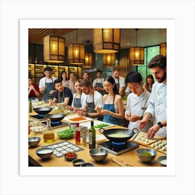 A Lively Cooking Class Scene Where Guests Are Lear Art Print