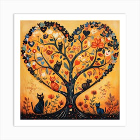 Folk Art Heart Tree Cat Climbing Artwork 12 Art Print