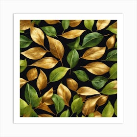 Gold Leaves On Black Background Art Print