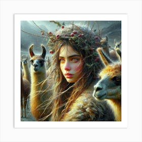 Girl With Llamas 1 Art Print