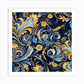 Gold And Blue Floral Pattern Art Print