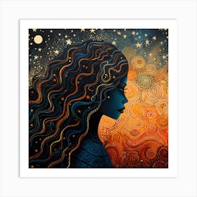 Woman With Long Hair And Starry Sky Art Print