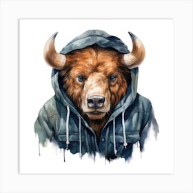 Watercolour Cartoon Buffalo In A Hoodie Art Print