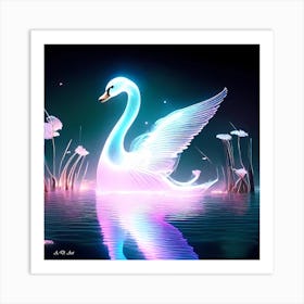 Holographic Shiny Transparent Colored Illustration Of A Swan In The Water Art Print